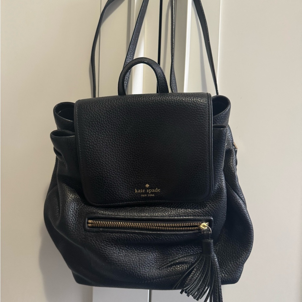 kate spade Black Pebbled Leather Backpack with Tassel Zip